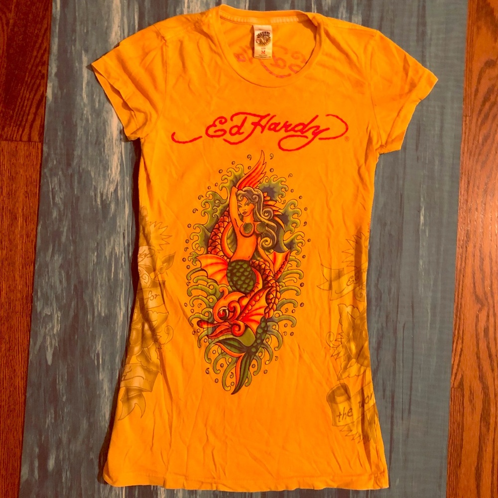 SOLD ED HARDY extra long mustard mermaid tee shirt
